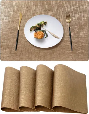 FGSAEOR Faux Leather Vinyl Placemats Set of 4,12 X 17 Inch - Waterproof Wipeable Brilliance PU Place Mats for Indoor & Outdoor, Heat Resistant Table Mats for Kitchen/Dining/Party - Champagne Gold