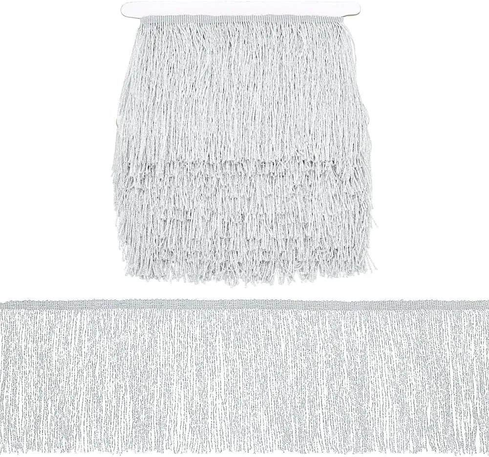 FINGERINSPIRE 5.47 Yards Fringe Lace Trim 6-1/8 inch Wide Polyester Tassel Lace Ribbon Silver Fabric Fringe Trim Sewing Tassel Lace Trim for DIY Latin Dance Dress Costume Accessories Party Decoration