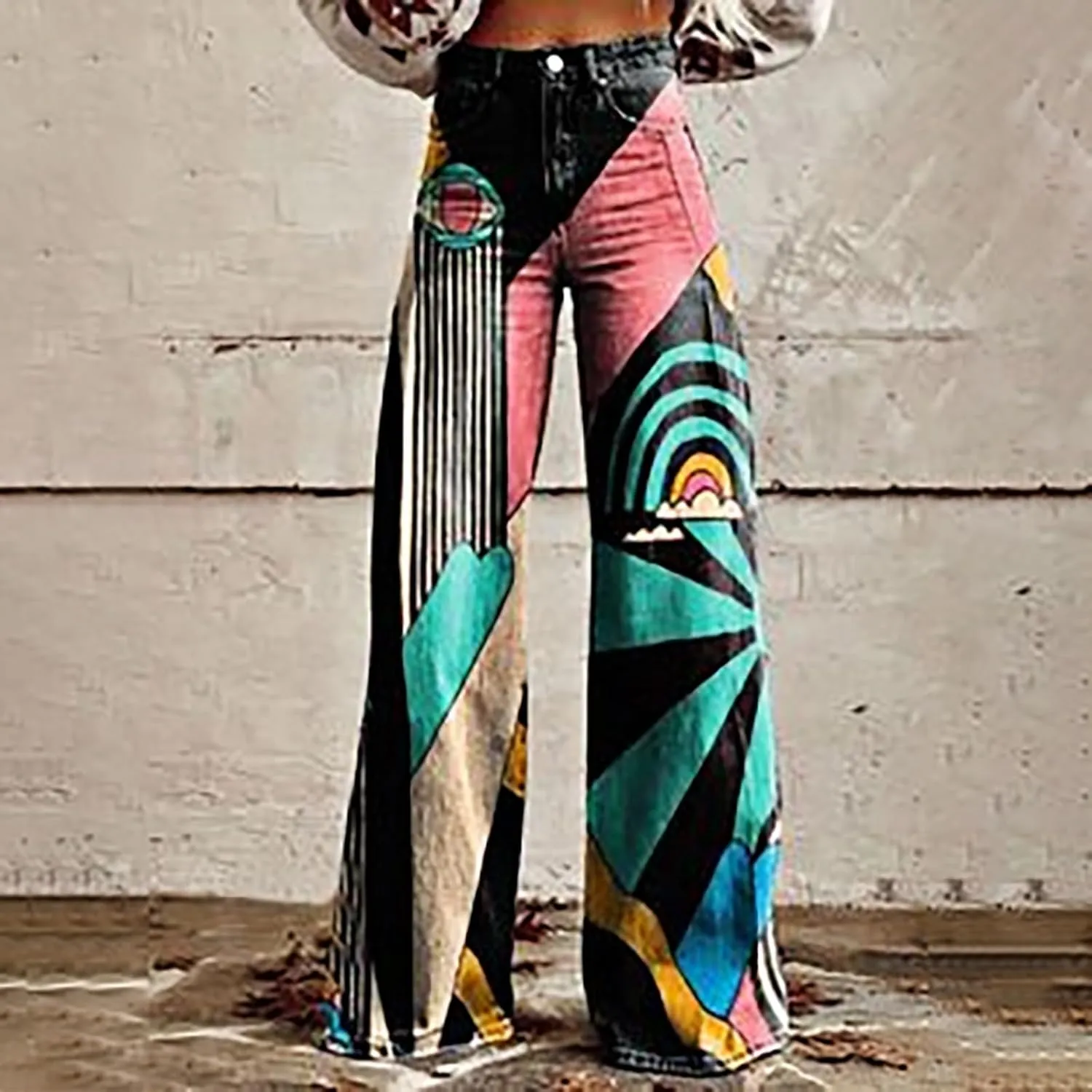 Flare Jeans for Women Wide Leg Pants Vintage Floral Print High Waisted Straight Stretch Going Out Street Trousers