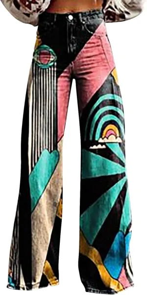 Flare Jeans for Women Wide Leg Pants Vintage Floral Print High Waisted Straight Stretch Going Out Street Trousers