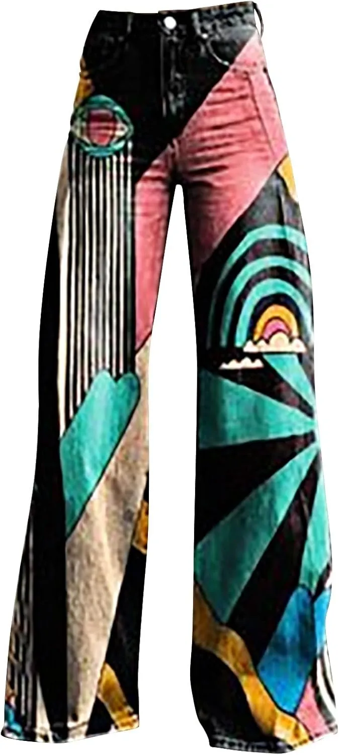 Flare Jeans for Women Wide Leg Pants Vintage Floral Print High Waisted Straight Stretch Going Out Street Trousers