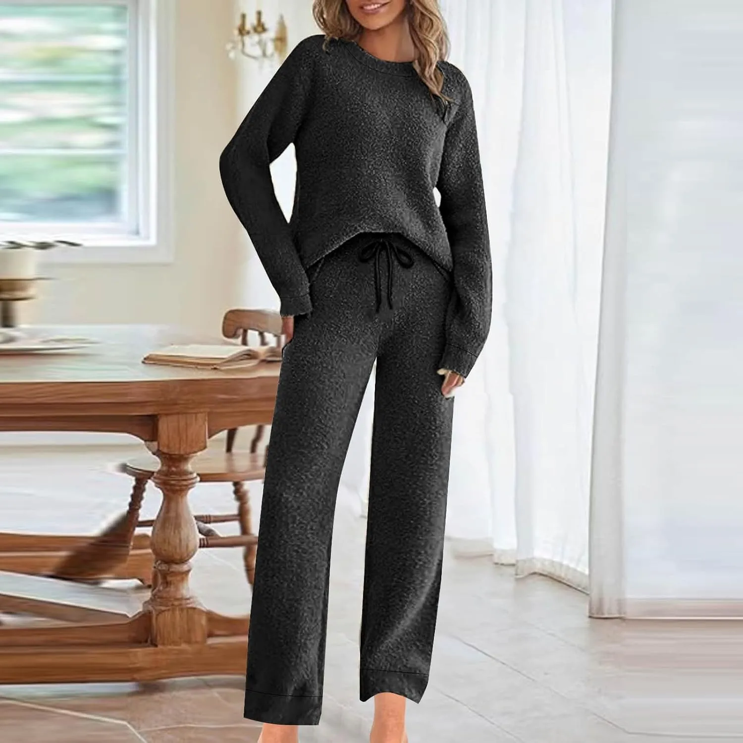 Fleece Pajamas Women 2 Piece Sets Crewneck Long Sleeve Tops Drawstring Pants Winter Casual Solid Color Home Outfits