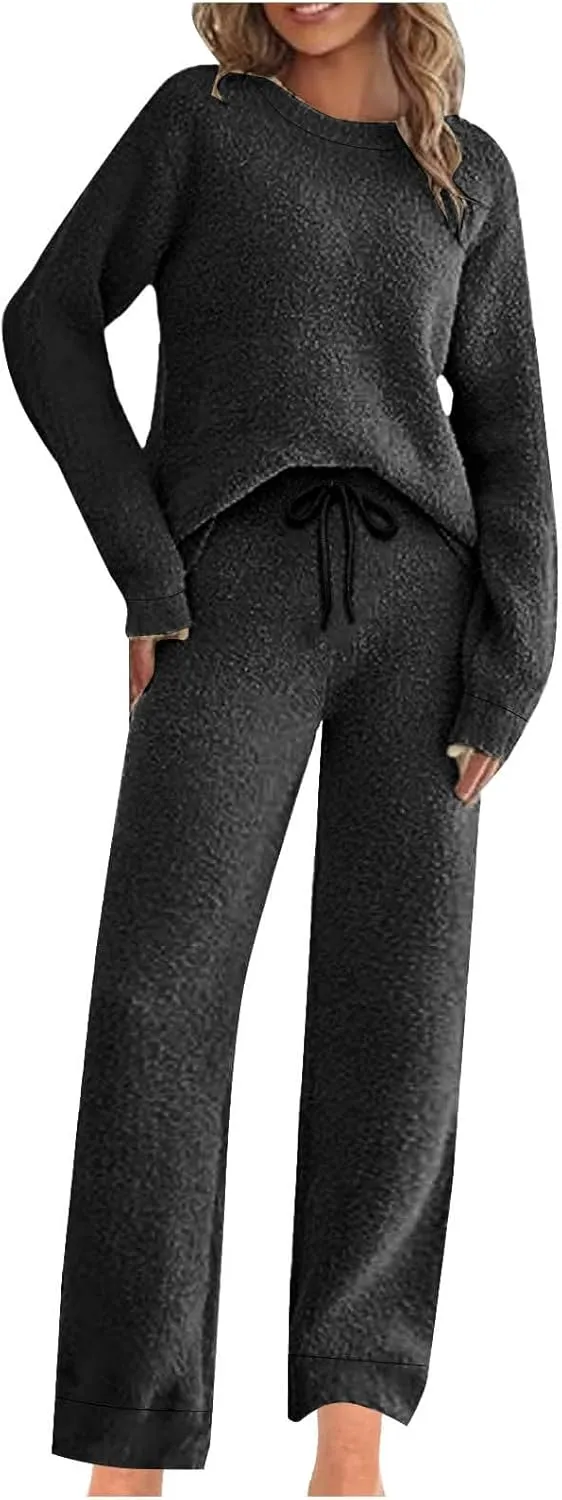 Fleece Pajamas Women 2 Piece Sets Crewneck Long Sleeve Tops Drawstring Pants Winter Casual Solid Color Home Outfits