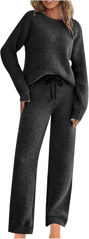 Fleece Pajamas Women 2 Piece Sets Crewneck Long Sleeve Tops Drawstring Pants Winter Casual Solid Color Home Outfits