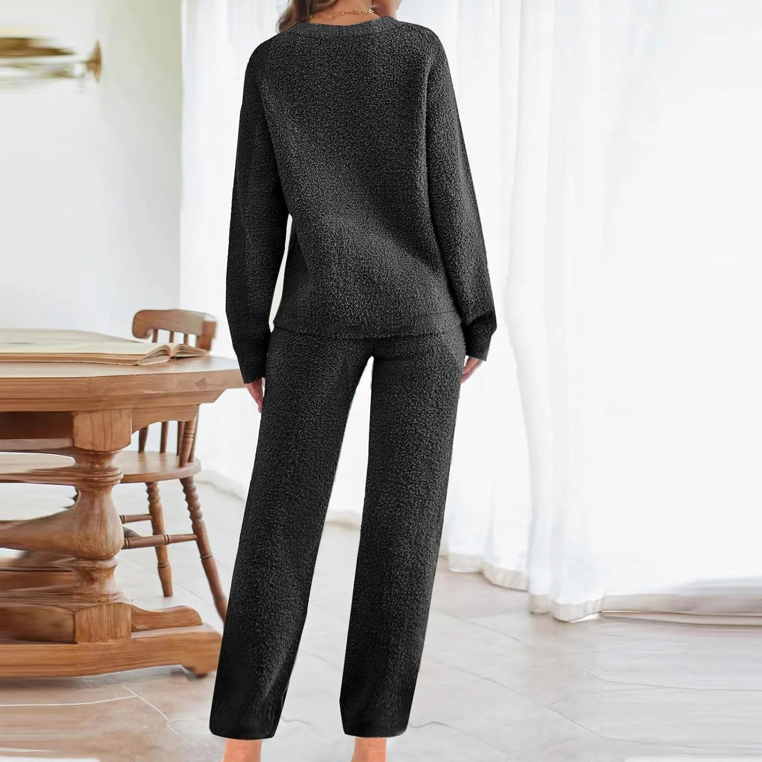 Fleece Pajamas Women 2 Piece Sets Crewneck Long Sleeve Tops Drawstring Pants Winter Casual Solid Color Home Outfits