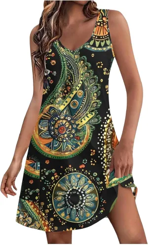 Flowy Dresses for Women Casual Sleeveless Boho Cute Sundress Crewneck Summer Beach Mini Tank Dress Vacation