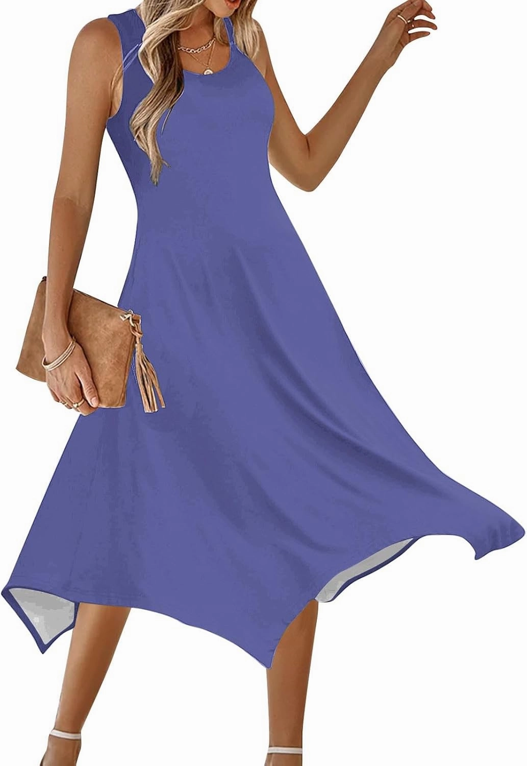 Flowy Dresses for Women Summer Casual Sleeveless Crewneck Sundress Solid Color Beach Vacation Long Tank Dress