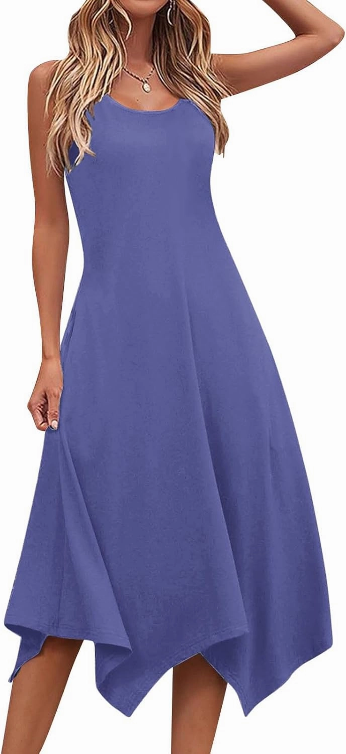 Flowy Dresses for Women Summer Casual Sleeveless Crewneck Sundress Solid Color Beach Vacation Long Tank Dress