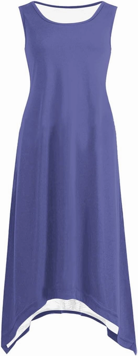 Flowy Dresses for Women Summer Casual Sleeveless Crewneck Sundress Solid Color Beach Vacation Long Tank Dress