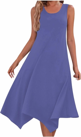 Flowy Dresses for Women Summer Casual Sleeveless Crewneck Sundress Solid Color Beach Vacation Long Tank Dress