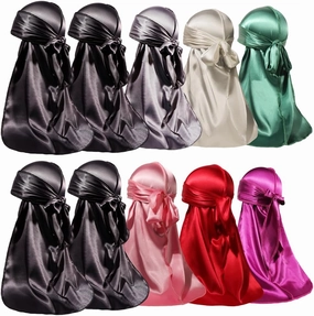 ForceWave 10 Pieces Silky Durags Long Tail for Women Men Satin Durag 360 Wave，Dorag, 10 Pieces