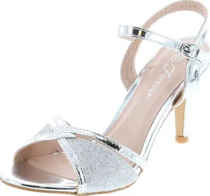 Forever Villa-04 Women's Glitter Metallic Ankle Strap Buckle Wrapped Heel Sandals,Silver,6.5