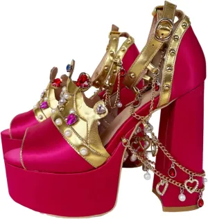Frankie Hsu Ladies Girl Gothic Chunky High Heeled Bootie Sandals, Red Satin Gold Chain Blue Pink Gem Pearl Ankle Strap Designer Style, Big Large Size US4-14 Unisex Shoes For Women Men
