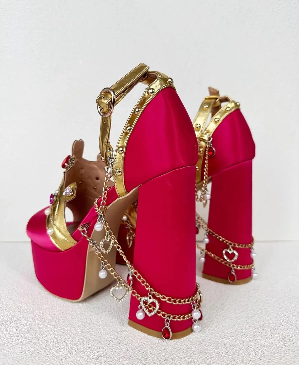 Frankie Hsu Ladies Girl Gothic Chunky High Heeled Bootie Sandals, Red Satin Gold Chain Blue Pink Gem Pearl Ankle Strap Designer Style, Big Large Size US4-14 Unisex Shoes For Women Men