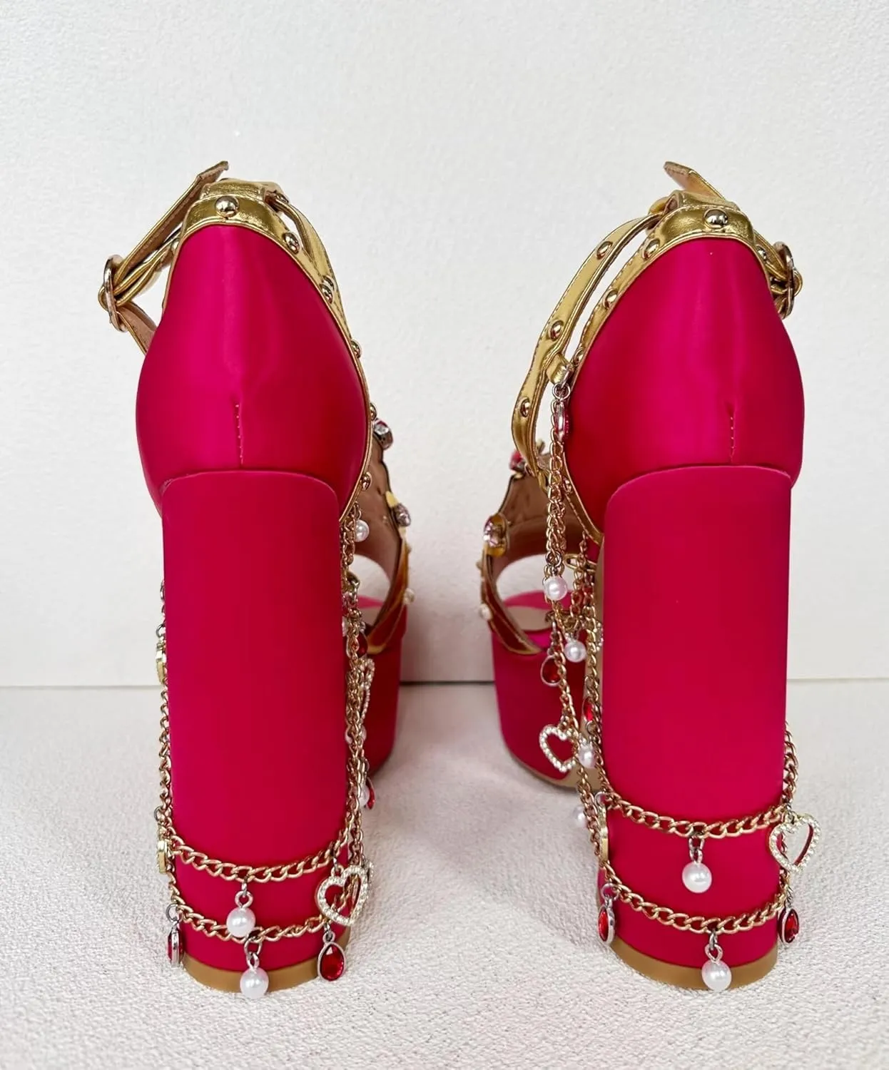 Frankie Hsu Ladies Girl Gothic Chunky High Heeled Bootie Sandals, Red Satin Gold Chain Blue Pink Gem Pearl Ankle Strap Designer Style, Big Large Size US4-14 Unisex Shoes For Women Men