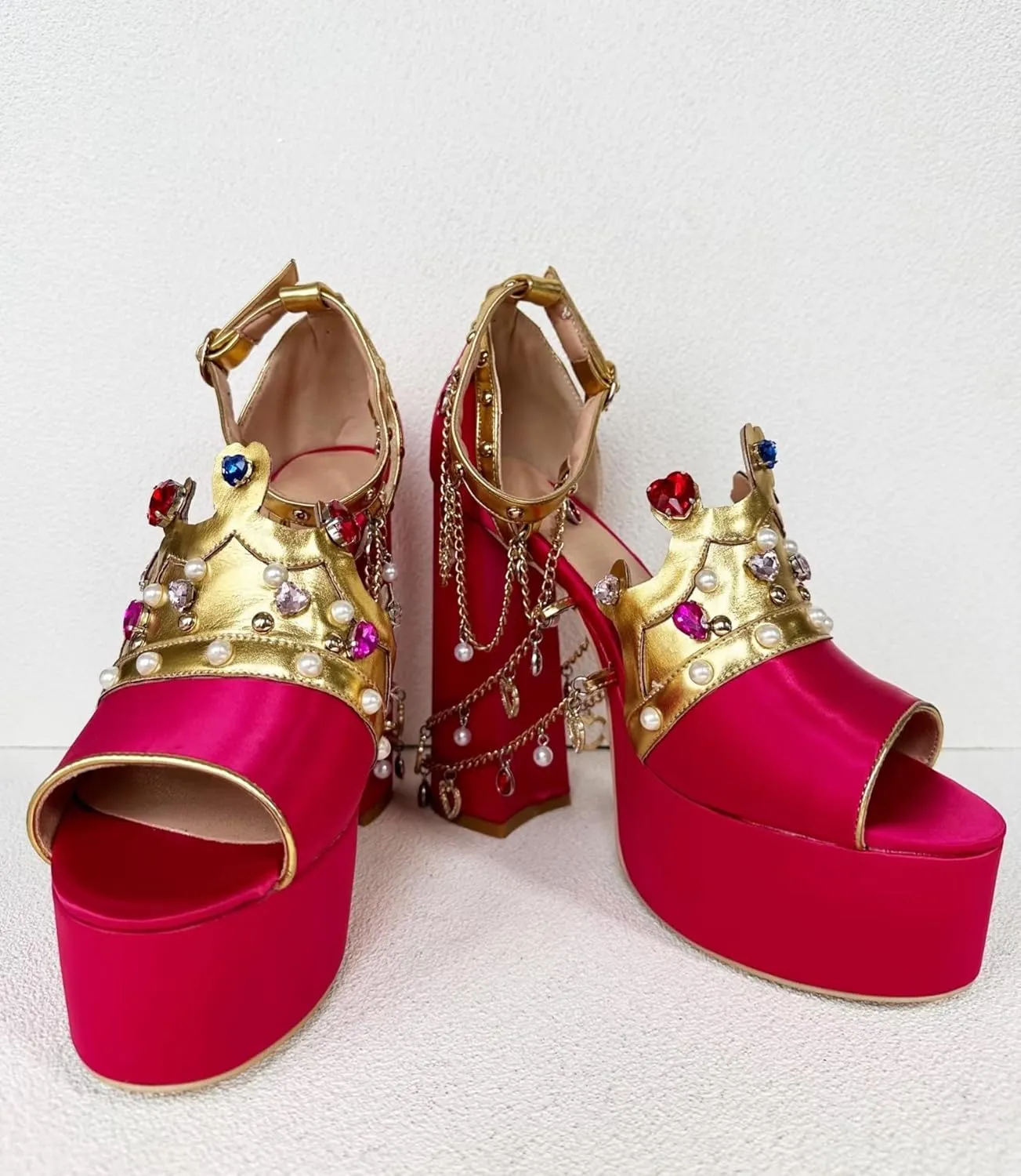 Frankie Hsu Ladies Girl Gothic Chunky High Heeled Bootie Sandals, Red Satin Gold Chain Blue Pink Gem Pearl Ankle Strap Designer Style, Big Large Size US4-14 Unisex Shoes For Women Men