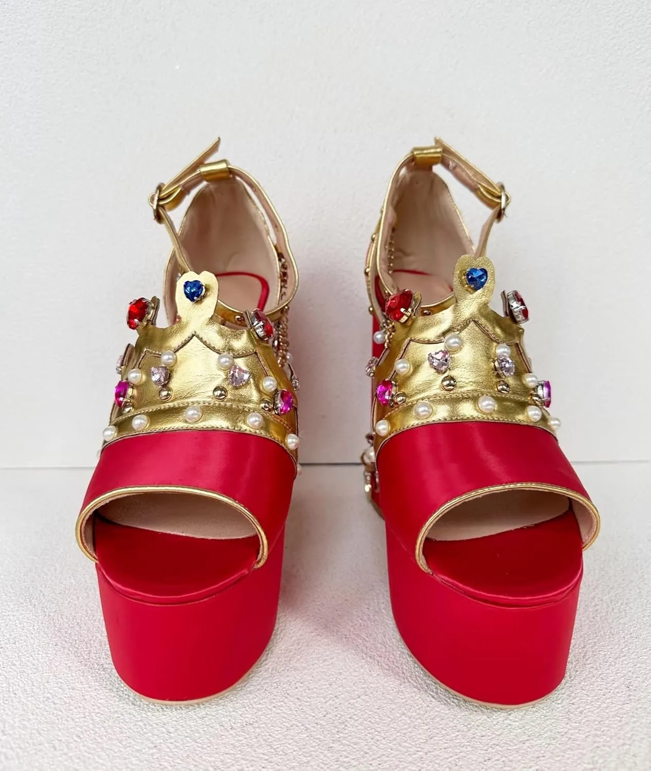 Frankie Hsu Ladies Girl Gothic Chunky High Heeled Bootie Sandals, Red Satin Gold Chain Blue Pink Gem Pearl Ankle Strap Designer Style, Big Large Size US4-14 Unisex Shoes For Women Men