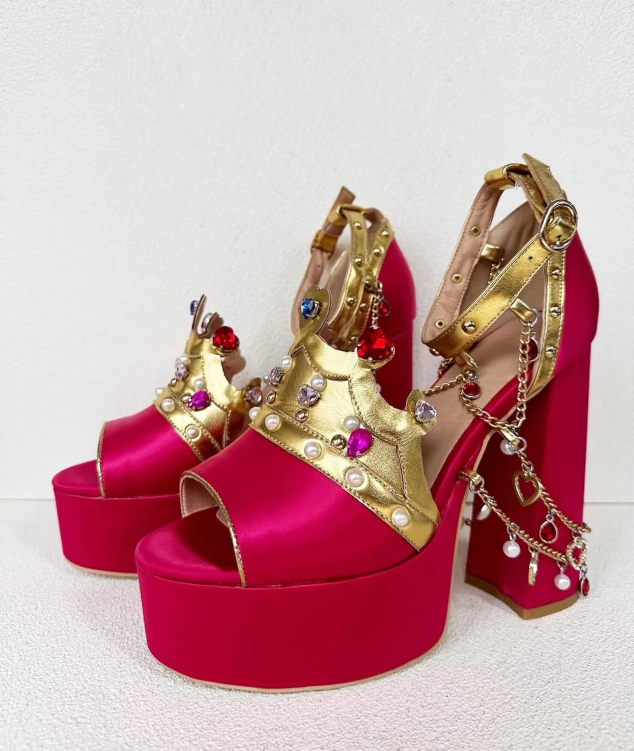 Frankie Hsu Ladies Girl Gothic Chunky High Heeled Bootie Sandals, Red Satin Gold Chain Blue Pink Gem Pearl Ankle Strap Designer Style, Big Large Size US4-14 Unisex Shoes For Women Men