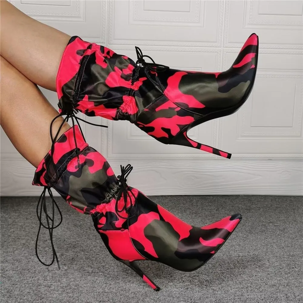 Frankie Hsu Stiletto High Heeled Ankle Boots, Sexy Lace Up Red Pink Green Black Camouflage Satin Bootie, Large Big Size Fashion Designer Short Shoes For Women Men