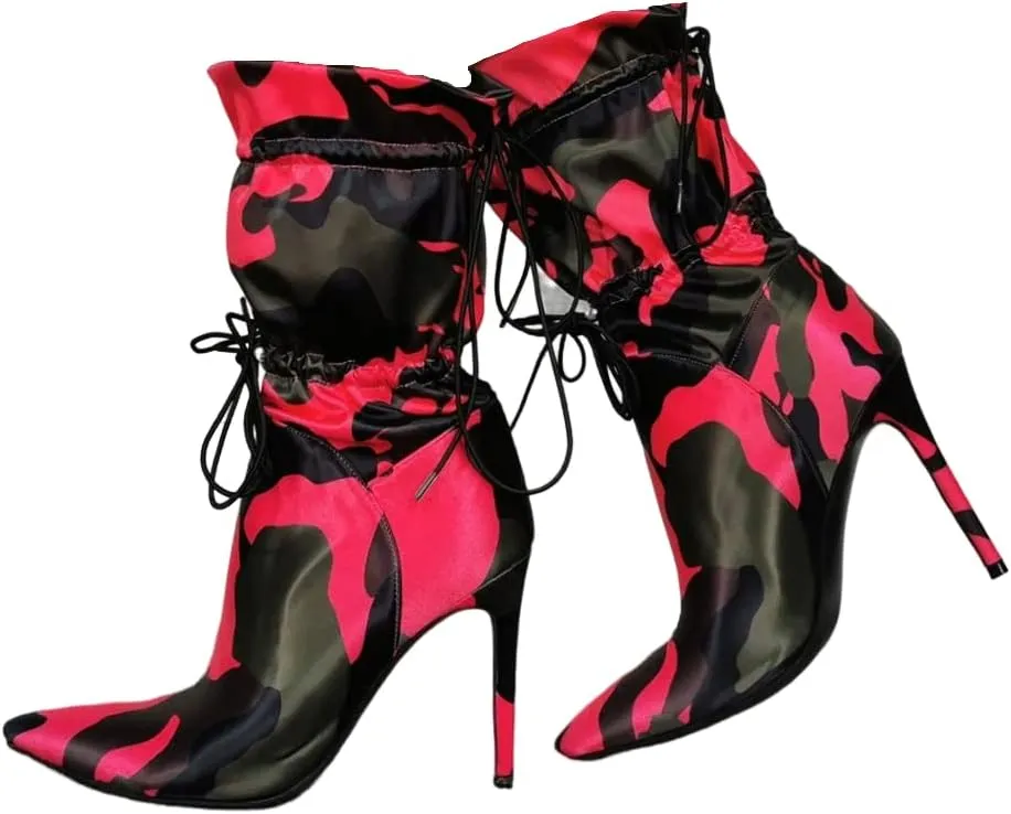 Frankie Hsu Stiletto High Heeled Ankle Boots, Sexy Lace Up Red Pink Green Black Camouflage Satin Bootie, Large Big Size Fashion Designer Short Shoes For Women Men