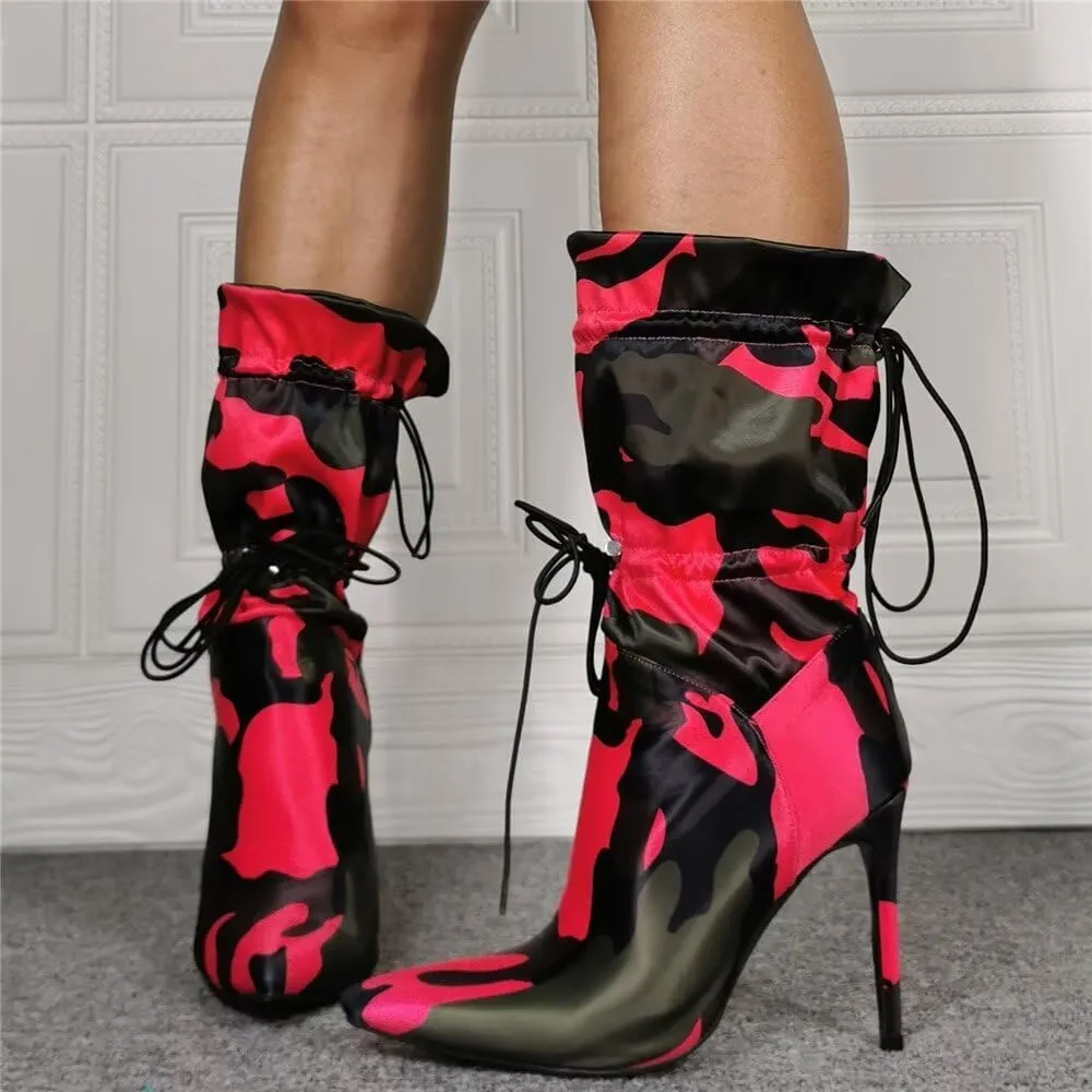 Frankie Hsu Stiletto High Heeled Ankle Boots, Sexy Lace Up Red Pink Green Black Camouflage Satin Bootie, Large Big Size Fashion Designer Short Shoes For Women Men