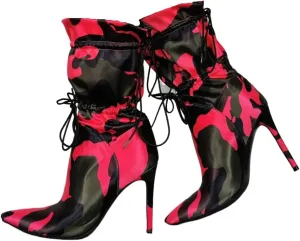 Frankie Hsu Stiletto High Heeled Ankle Boots, Sexy Lace Up Red Pink Green Black Camouflage Satin Bootie, Large Big Size Fashion Designer Short Shoes For Women Men