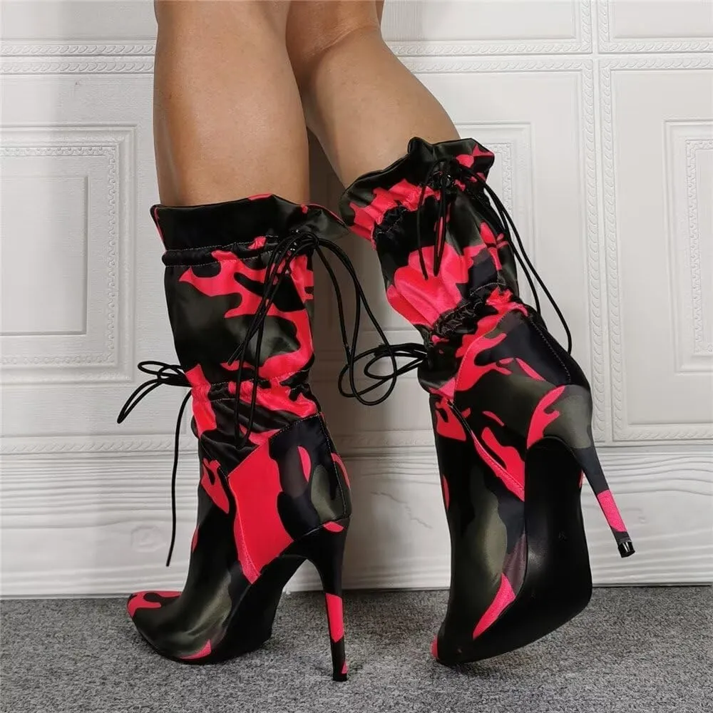 Frankie Hsu Stiletto High Heeled Ankle Boots, Sexy Lace Up Red Pink Green Black Camouflage Satin Bootie, Large Big Size Fashion Designer Short Shoes For Women Men