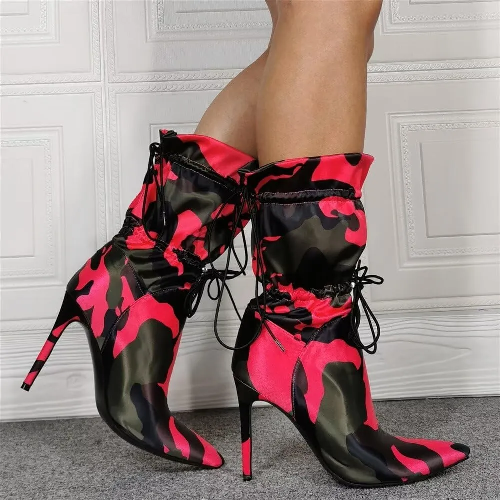 Frankie Hsu Stiletto High Heeled Ankle Boots, Sexy Lace Up Red Pink Green Black Camouflage Satin Bootie, Large Big Size Fashion Designer Short Shoes For Women Men