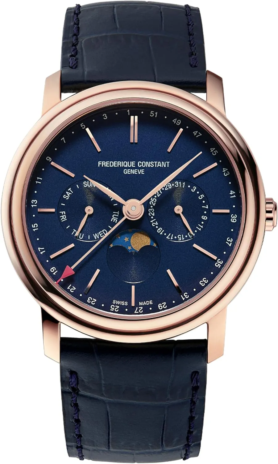 Frederique Constant Men's Swiss Made Classic Business Timer Moonphase Rose Gold Stainless Steel Case Watch, Blue Leather Strap, Style: FC-270N4P4