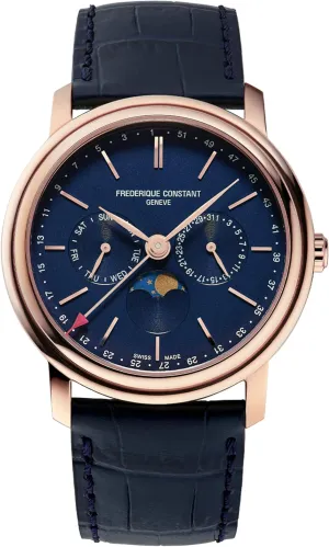 Frederique Constant Men's Swiss Made Classic Business Timer Moonphase Rose Gold Stainless Steel Case Watch, Blue Leather Strap, Style: FC-270N4P4