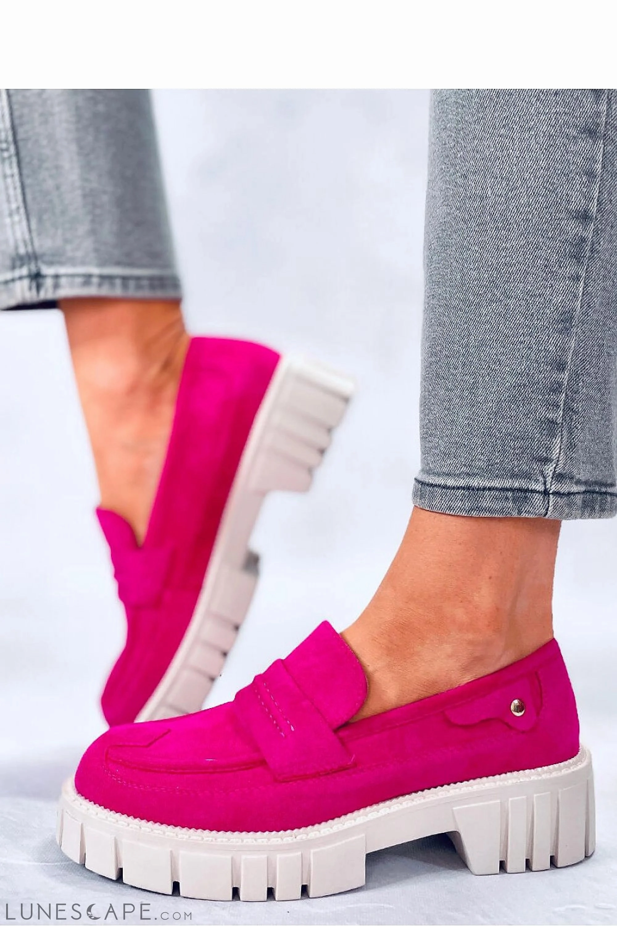 Fuchsia Eco-Suede Loafers for Women – Chunky Lug Sole Slip-On Shoes