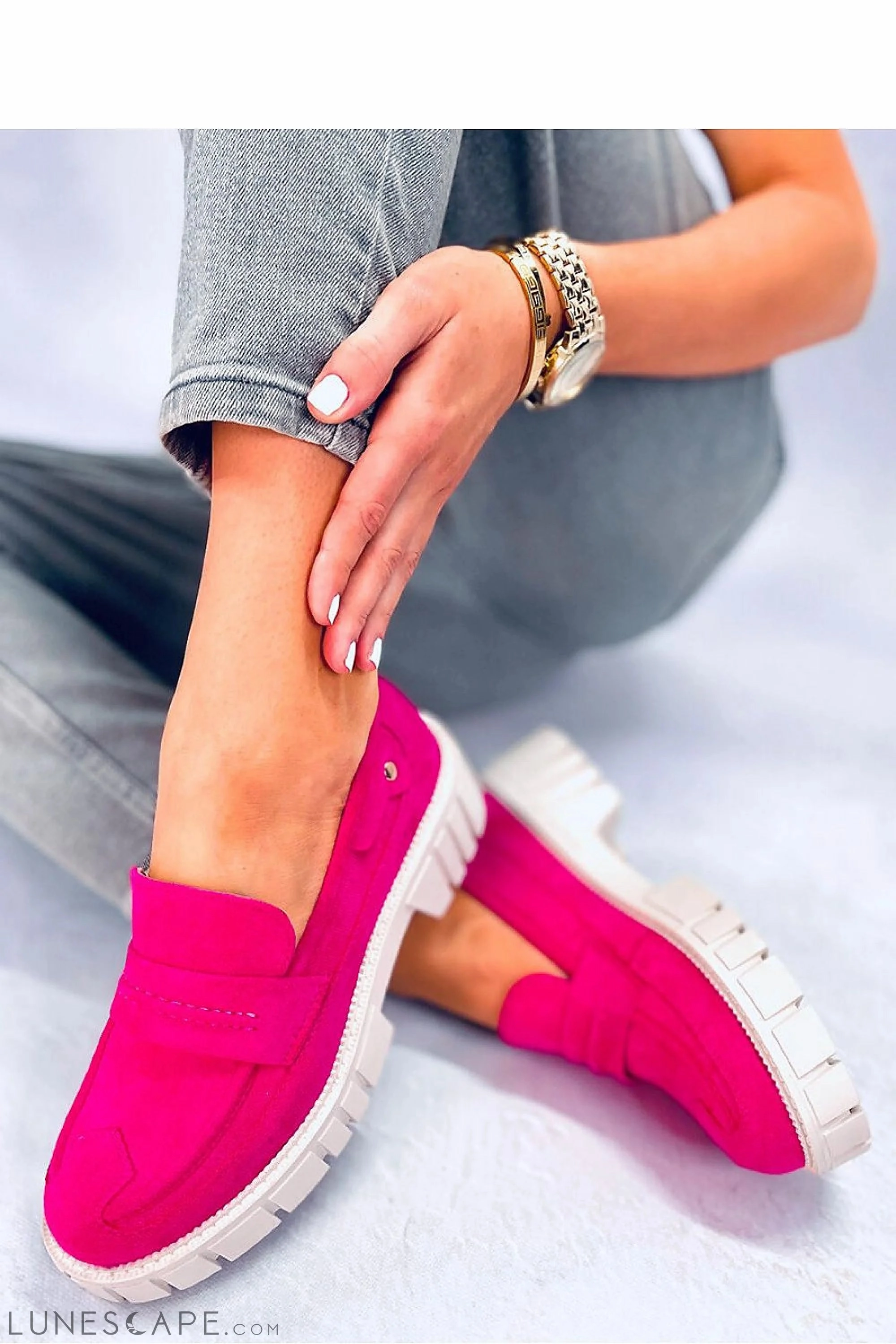 Fuchsia Eco-Suede Loafers for Women – Chunky Lug Sole Slip-On Shoes