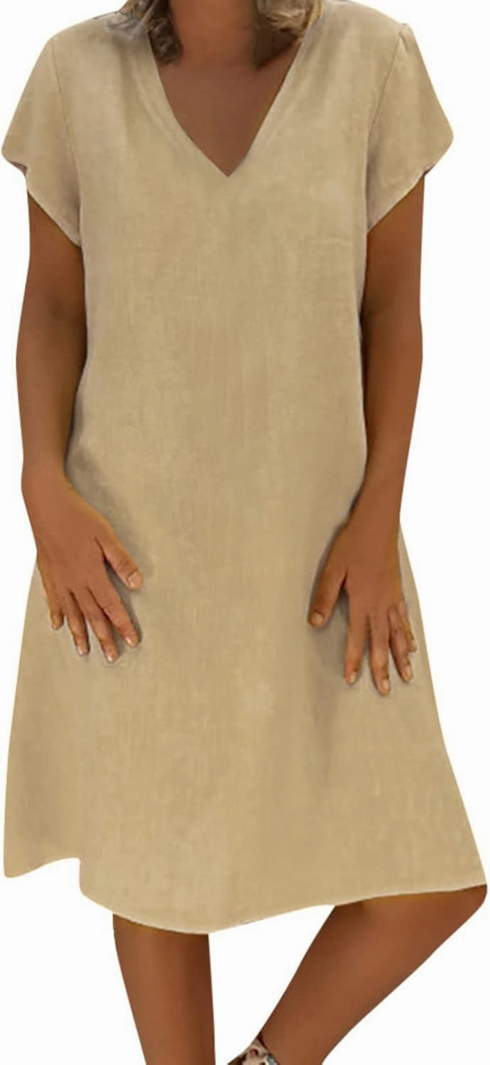 FZYLQY Womens Slim Dresses 2024 Ladies Summer Solid Cotton Linen Dress Short Sleeve V-Neck Dress Plus Size Mid-Calf Dress