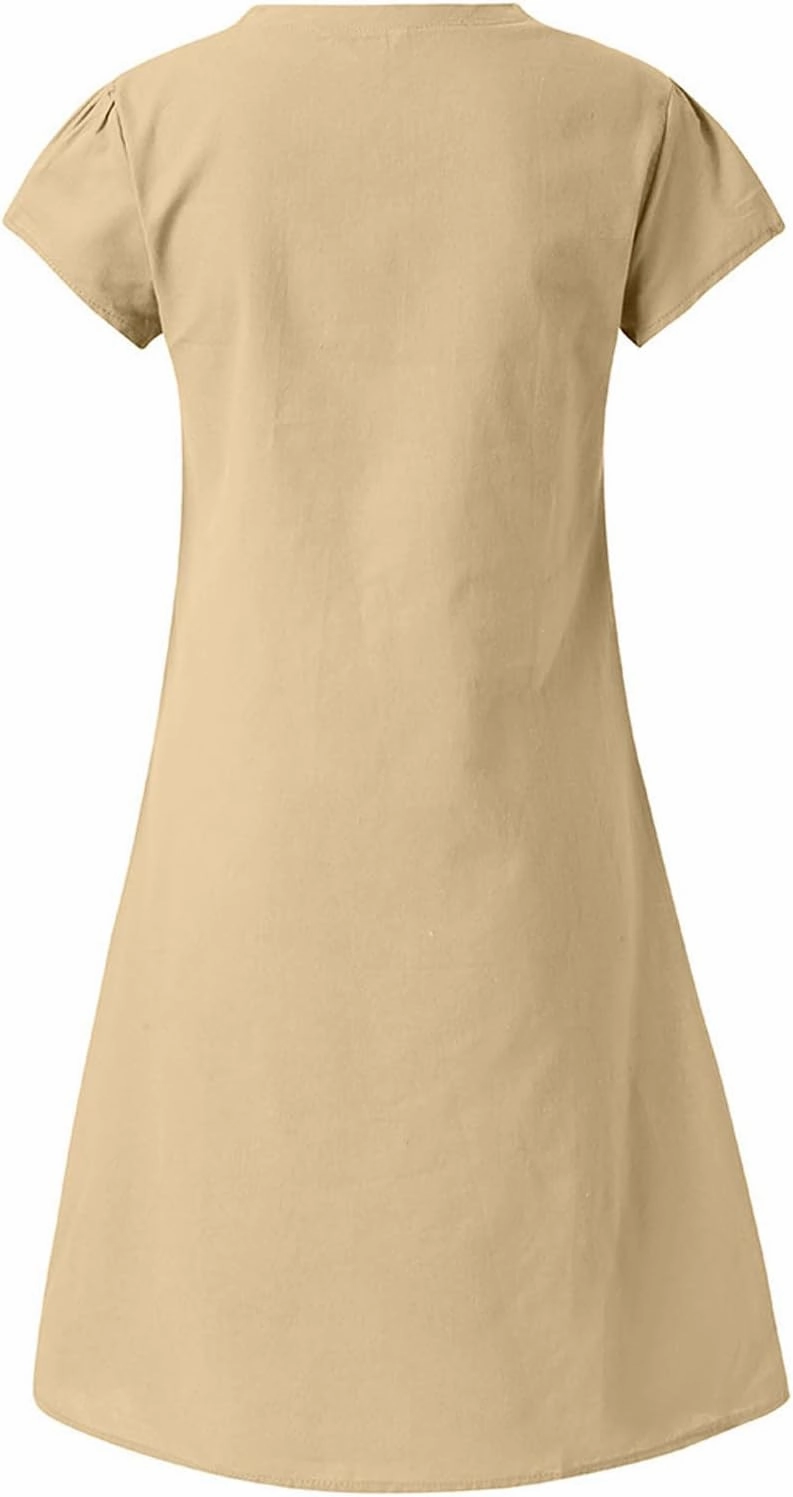 FZYLQY Womens Slim Dresses 2024 Ladies Summer Solid Cotton Linen Dress Short Sleeve V-Neck Dress Plus Size Mid-Calf Dress