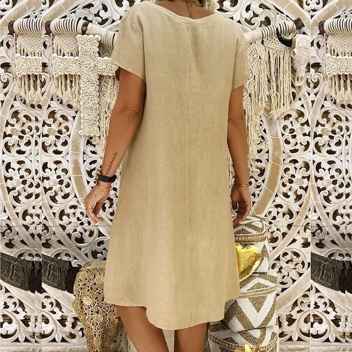 FZYLQY Womens Slim Dresses 2024 Ladies Summer Solid Cotton Linen Dress Short Sleeve V-Neck Dress Plus Size Mid-Calf Dress