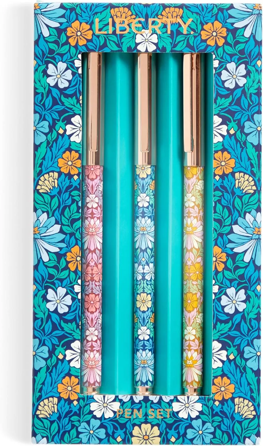 Galison Liberty Moon Flowers Everyday Pen Set – Includes 3 Black Ink Ballpoint Pens Decorated With Beautiful Liberty Floral Artwork And Metallic Caps