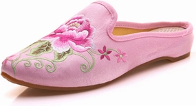 Gerrit Qhome Women's Chinese Floral Peony Embroidery Pointed-Toe Comfortable Satin Casual Mules House Pumps Slippers Shoes, Pink