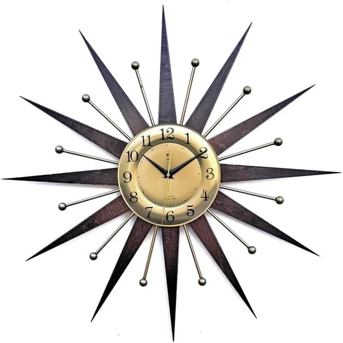 Gilded Starburst Wall Clock – Handcrafted Atomic Sunburst in George Nelson Style | Vintage Brass Industrial Clock