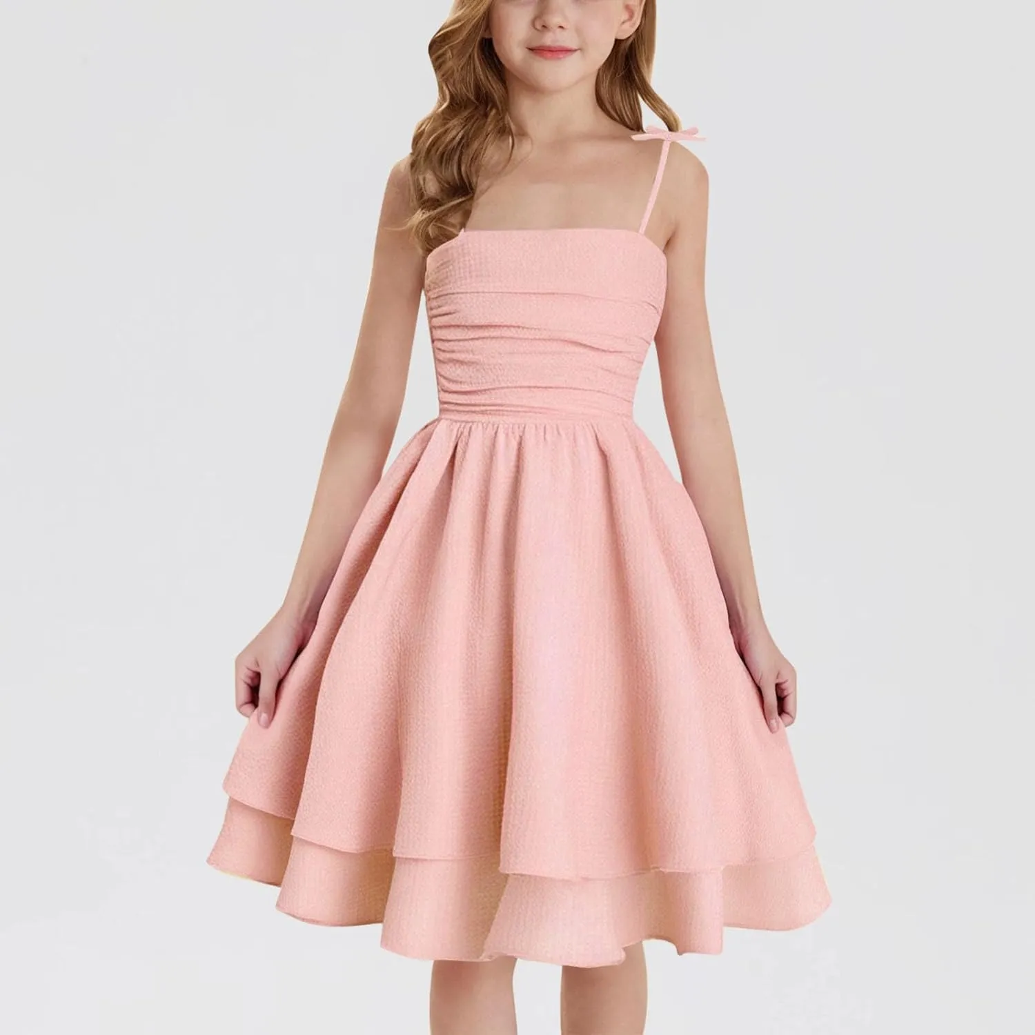 Girl's Sleeveless Dress Smocked Ruched Dresses A Line Swing Layered Dress Formal Cami Dresses Party Prom Gowns