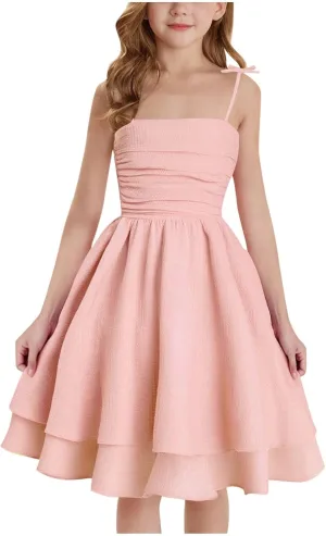 Girl's Sleeveless Dress Smocked Ruched Dresses A Line Swing Layered Dress Formal Cami Dresses Party Prom Gowns