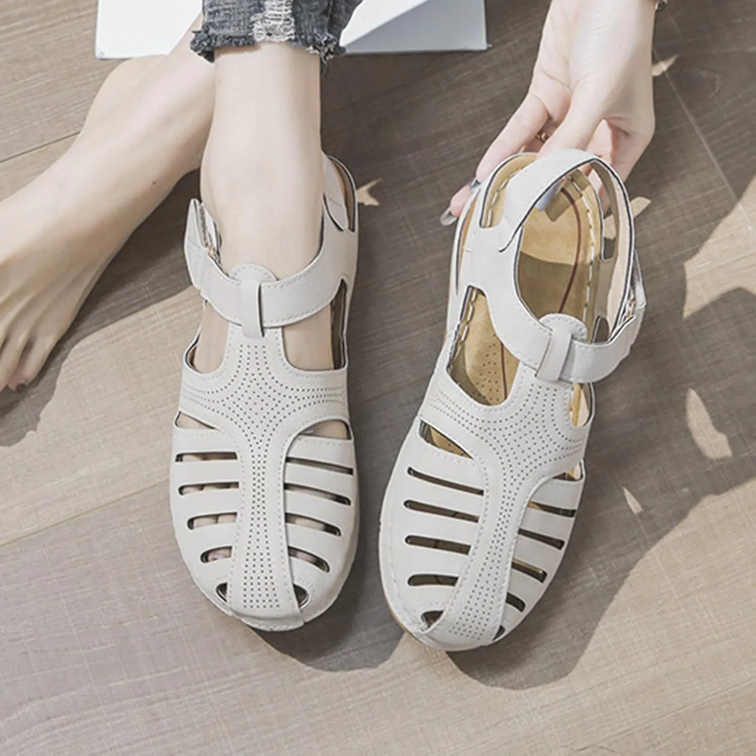 Gladiator Sandals for Women Orthopedic Closed Toe Non Slip Wedge Sandals Breathable Hollow Out Hook and Loop Fastener Slides Sandal Soft Cushion Wedge Walking Shoes