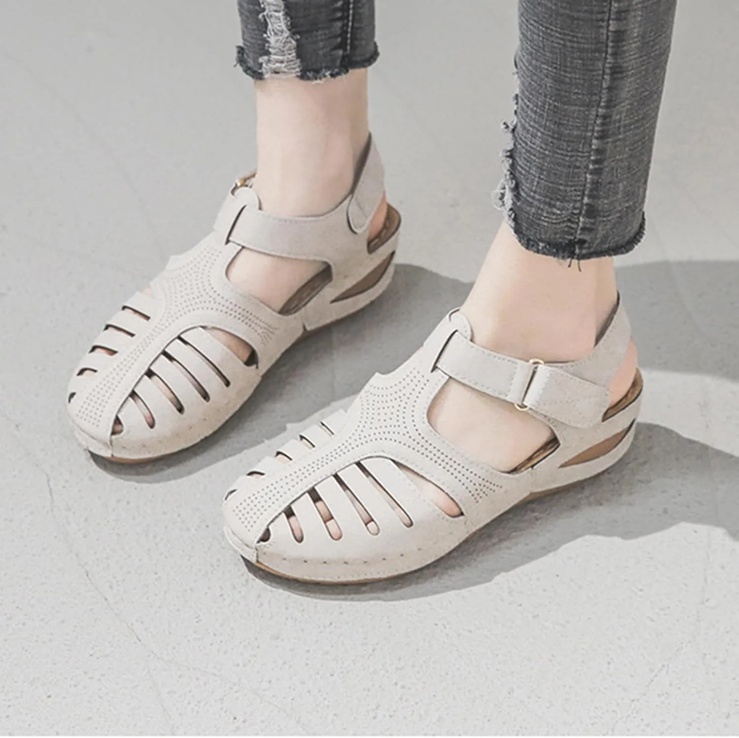 Gladiator Sandals for Women Orthopedic Closed Toe Non Slip Wedge Sandals Breathable Hollow Out Hook and Loop Fastener Slides Sandal Soft Cushion Wedge Walking Shoes