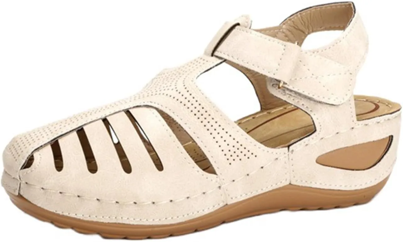 Gladiator Sandals for Women Orthopedic Closed Toe Non Slip Wedge Sandals Breathable Hollow Out Hook and Loop Fastener Slides Sandal Soft Cushion Wedge Walking Shoes