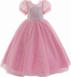 Glamulice Flower Girls Sparkle Tulle Puff Sleeves Vintage Dress Princess Wedding Bridesmaid Party Holiday Dresses