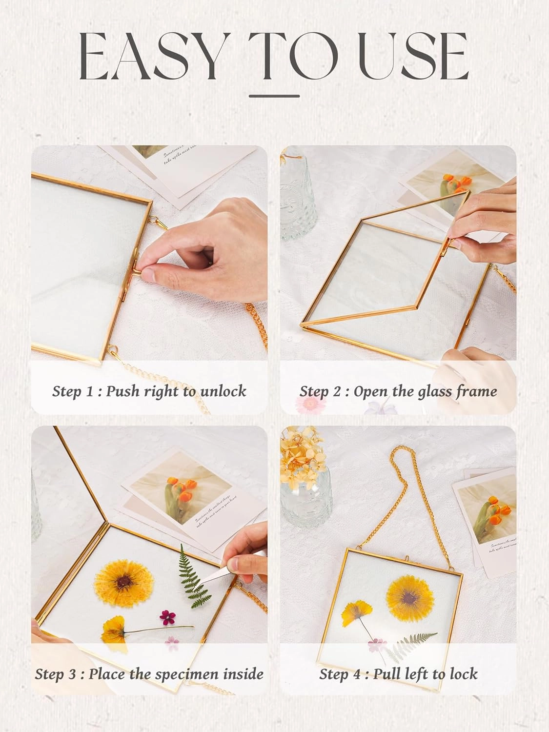 Glass Pressed Flower Frames,Vintage Hanging Picture Frames with Chain,Handmade Brass Floating Picture Frame,Plant Specimen Wall Ornament Display Artwork DIY Family Photo,Square,Gold,8x8 Inches