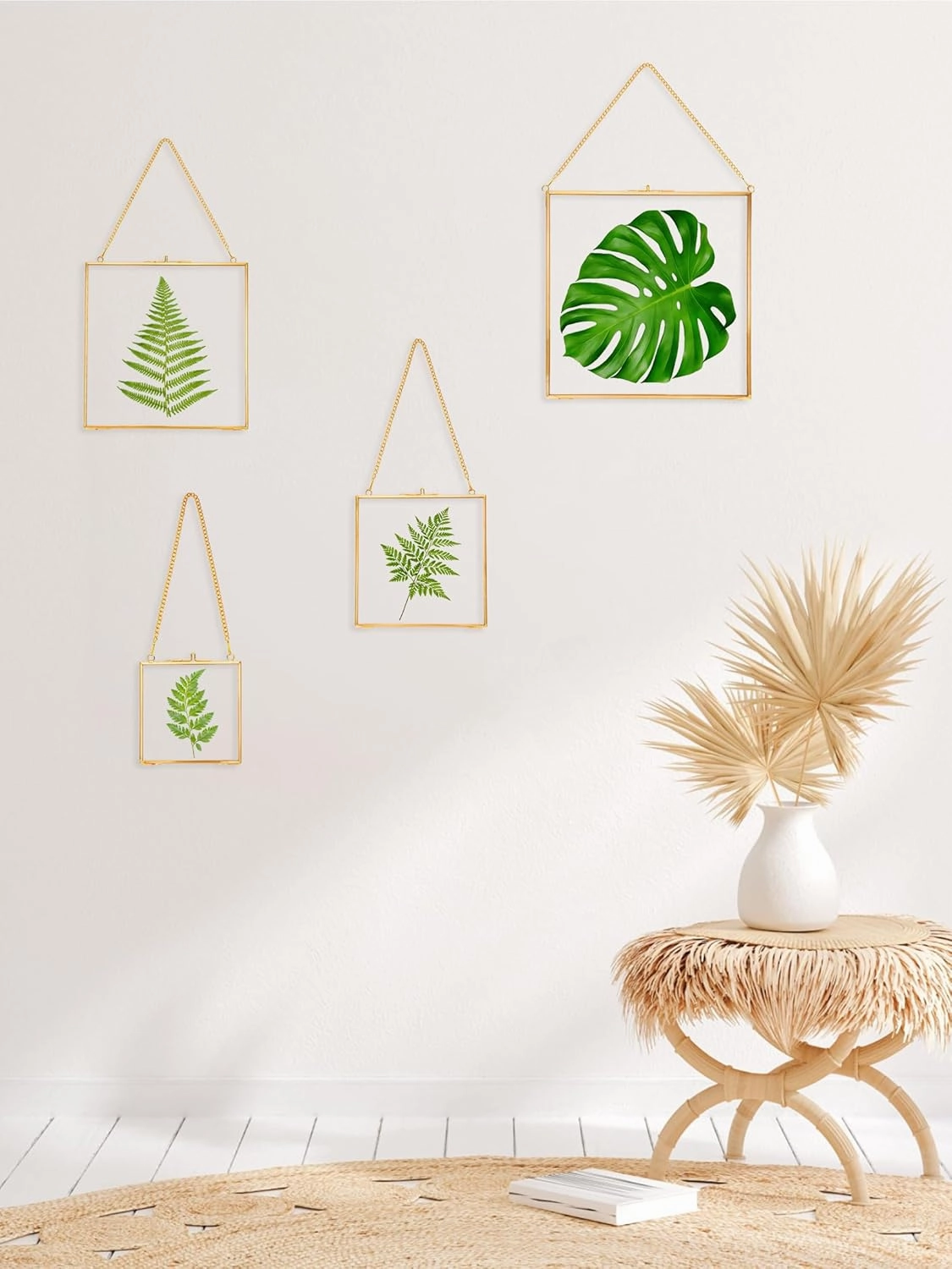 Glass Pressed Flower Frames,Vintage Hanging Picture Frames with Chain,Handmade Brass Floating Picture Frame,Plant Specimen Wall Ornament Display Artwork DIY Family Photo,Square,Gold,8x8 Inches