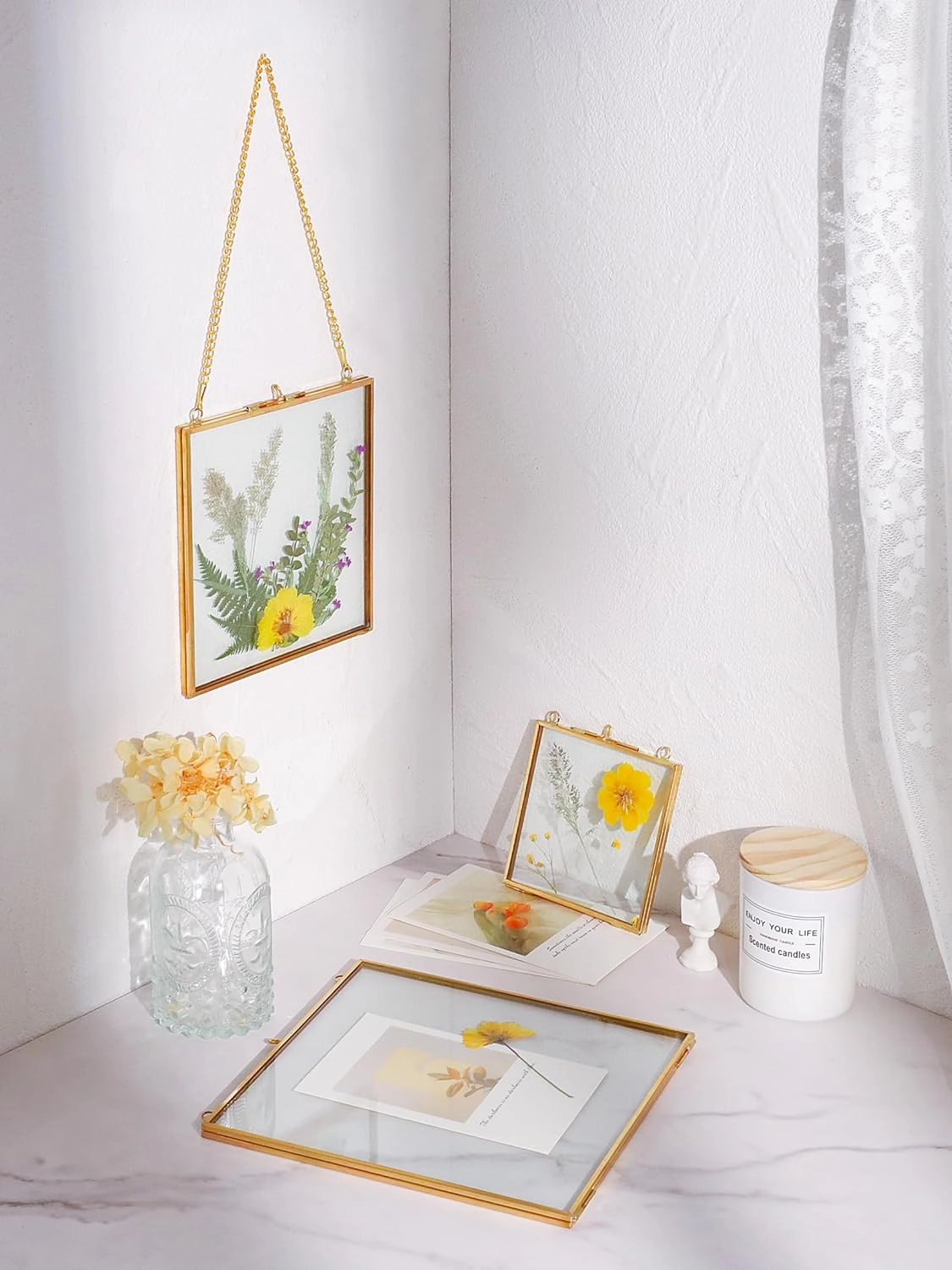Glass Pressed Flower Frames,Vintage Hanging Picture Frames with Chain,Handmade Brass Floating Picture Frame,Plant Specimen Wall Ornament Display Artwork DIY Family Photo,Square,Gold,8x8 Inches