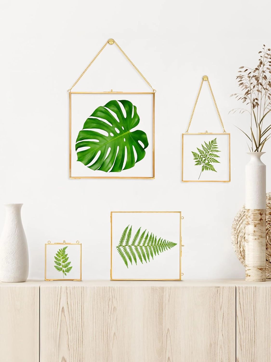 Glass Pressed Flower Frames,Vintage Hanging Picture Frames with Chain,Handmade Brass Floating Picture Frame,Plant Specimen Wall Ornament Display Artwork DIY Family Photo,Square,Gold,8x8 Inches