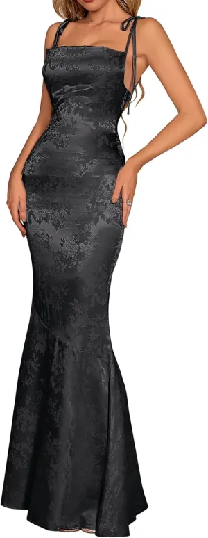 GLNEGE Women's Satin Bodycon Maxi Dress Elegant Formal Spaghetti Strap Cowl Neck Evening Party Dresses