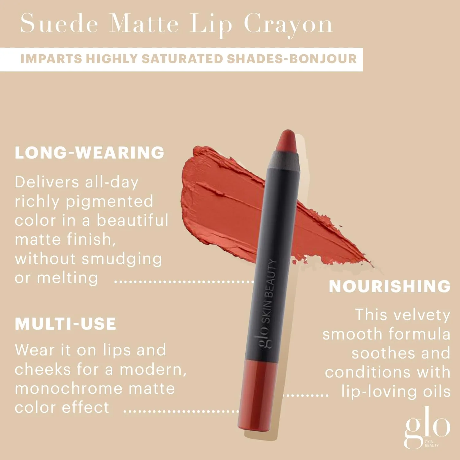 Glo Skin Beauty Suede Matte Lip Crayon (Bonjour) - Longwearing Formula Stays On All Day, With Conditioning Shea Butter   Mango Seed Oil for a Velvety Smooth Finish
